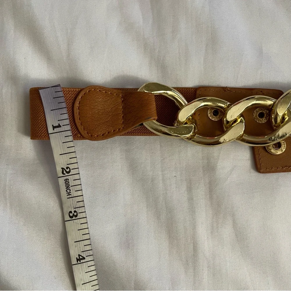Brown faux leather gold tone chained elastic waistband skinny belt - Picture 6 of 8